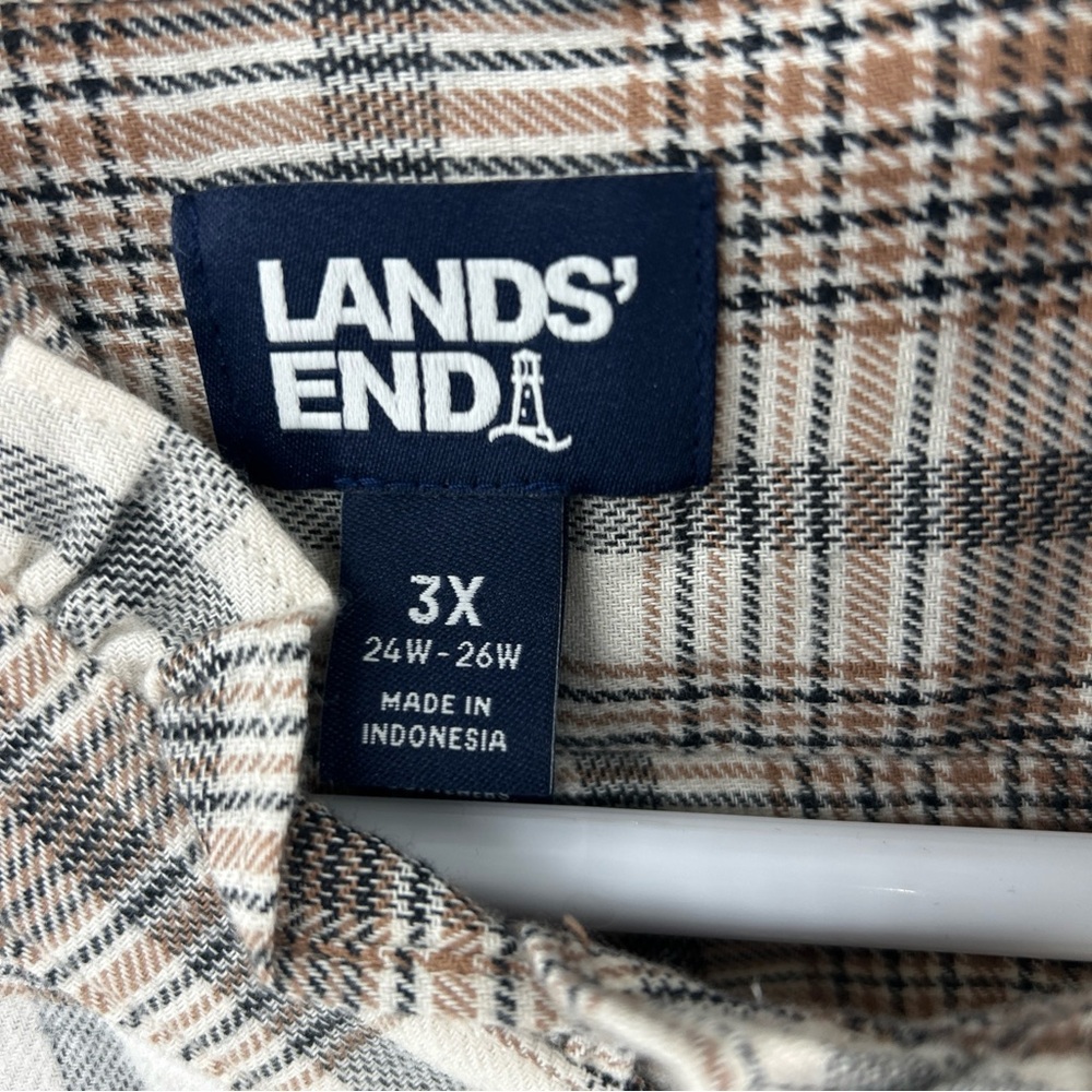 Lands End Blouse Shirt Top Women’s 3X Plus Beige Plaid Flannel Cotton Button Up - Picture 3 of 13